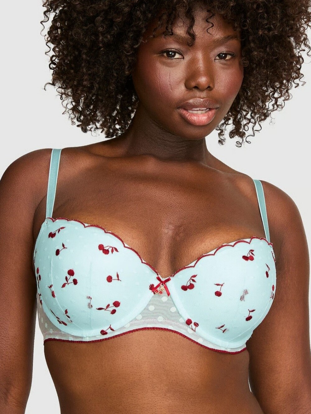 VS PINK Wink Push Up Balconette Bra & Panty Set CHERRY SPRAY BLUE NWT